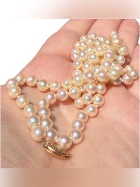 Real 14k Yellow Gold Quality Cultured pearl necklace High Luster Rose Overtones